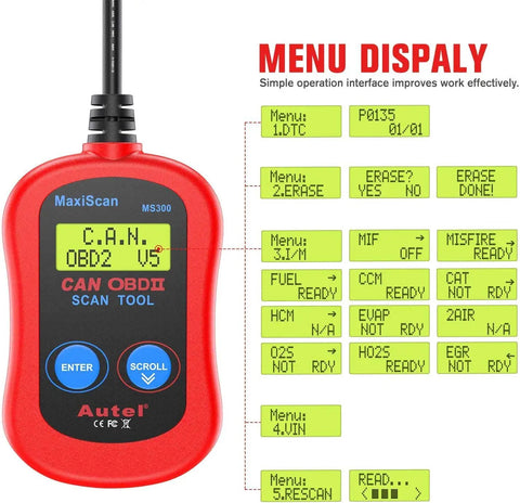 MS300 OBD2 Scanner Code Reader For Cars And Trucks displaying diagnostic menu with error codes and read options
