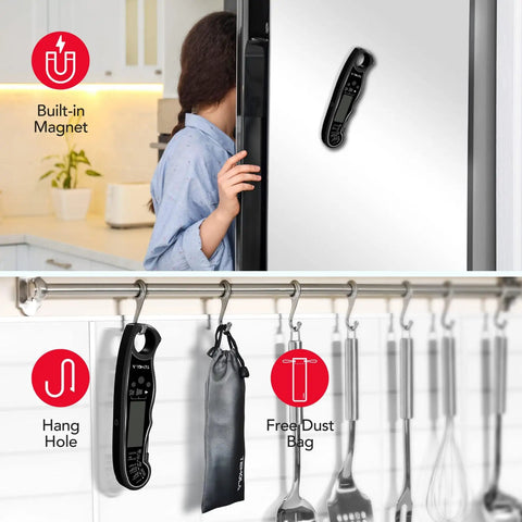 Instant Read Meat Thermometer With Dual Probe 2 In 1 Digital Kitchen Thermometer on fridge and hanging on rack with tools