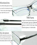 Unisex Blue Light Safety Glasses With Readers 0 To 4 Diopters, clear lenses, TR90 frame, close-up of anti-blue light eyewear design.
