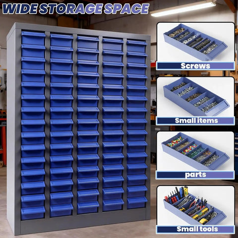 Garage-Grade 75-Drawer Nut and Bolt Organizer Cabinet with ABS Drawers, 36 Inch High, 26 Inch Deep, 9 Inch Wide Hardware Storage, Adjustable Shelves and Label System for Workshop, Lab, and Home Garage Tool Storage, front view with wide storage space