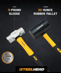 Five Piece Fiberglass Handle Hammer And Mallet Set For Demolition with 3lb sledge and 32oz rubber mallet with ergonomic Duragrip handles