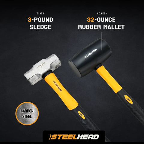 Five Piece Fiberglass Handle Hammer And Mallet Set For Demolition with 3lb sledge and 32oz rubber mallet with ergonomic Duragrip handles