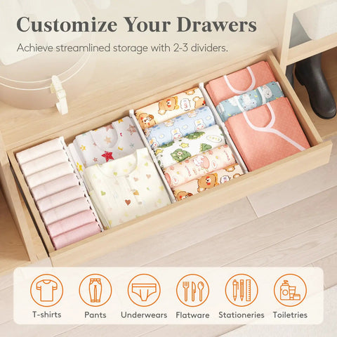 Straight Up Tall 3.2 Inch Adjustable Drawer Dividers For Clothes Heavy Duty Abs Plastic Closet Organizers With Non Slip Silicone Pads Keep Your Garments Snug And Scratch Free, drawer with organized clothes.