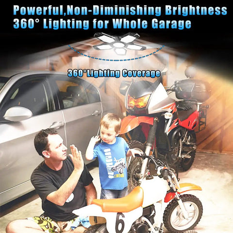 Two Pack 120W LED Garage Ceiling Lights, 12,000 Lumens Of Daylight 6500K illuminating a garage with motorcycles