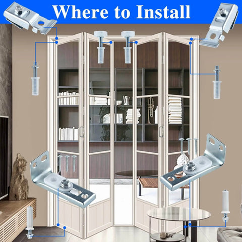 Diagram of bifold door installation with Bifold Door Hardware Kit 2 Pack Bi-fold Sliding Closet Door Hardware Kit Includes Top and Bottom Brackets