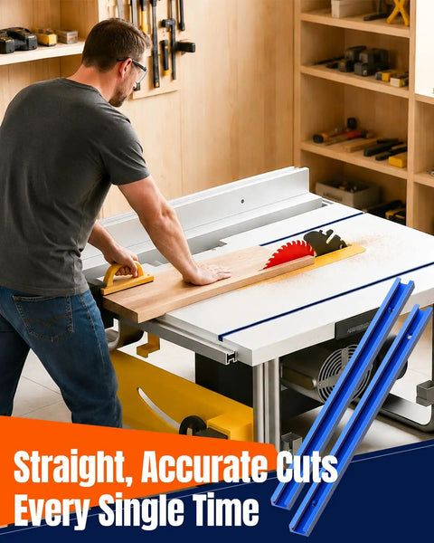Two Pack 12 Inch Aluminum Pro Grade T Track For Woodworking Jigs And Fixtures with table saw and man cutting wood