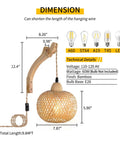 Hand Woven Bamboo Lantern Wall Sconce With Plug In Cord Wicker Rattan Farmhouse Rustic Boho Lighting dimensions and specs.