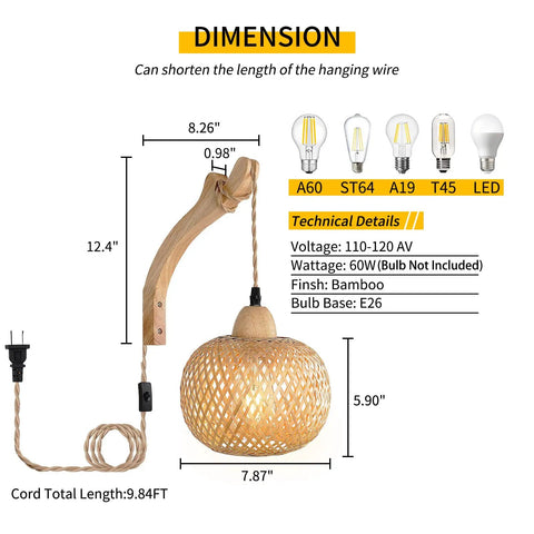 Hand Woven Bamboo Lantern Wall Sconce With Plug In Cord Wicker Rattan Farmhouse Rustic Boho Lighting dimensions and specs.
