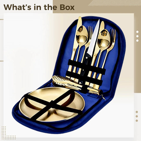 10 Piece Camping Utensils Set Stainless Steel Golden Cutlery Includes Steak Knife Fork Spoon Plates And Food Tongs Waterproof Bag