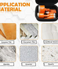 Diamond Core Drill Bit Kit For Porcelain Tile Ceramic Marble Brick 8 Piece Triangle Shank Set shown with application materials