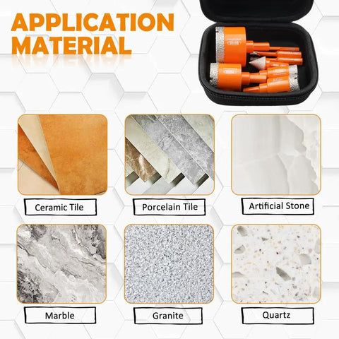 Diamond Core Drill Bit Kit For Porcelain Tile Ceramic Marble Brick 8 Piece Triangle Shank Set shown with application materials