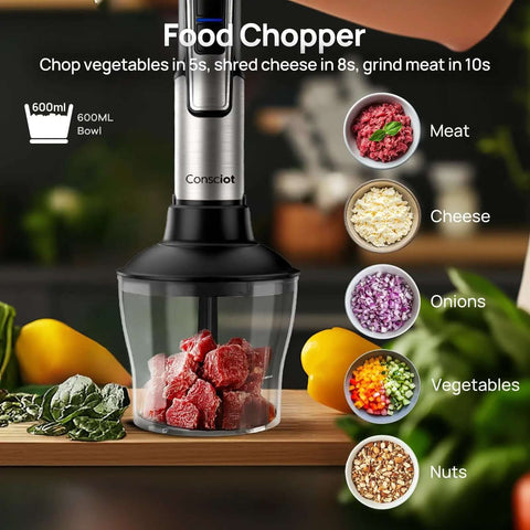 Handheld Immersion Blender With Robust 1100 Watt Motor And 21 Speed Settings Plus Turbo Mode crushes soups and smoothies in a 600ml bowl.