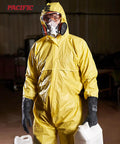 Person in yellow protective suit wearing Chemical Resistant Work Gloves Built To Take A Beating Heavy Duty Industrial Latex Rubber Gloves.