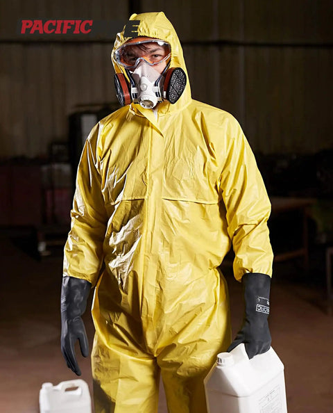 Person in yellow protective suit wearing Chemical Resistant Work Gloves Built To Take A Beating Heavy Duty Industrial Latex Rubber Gloves.