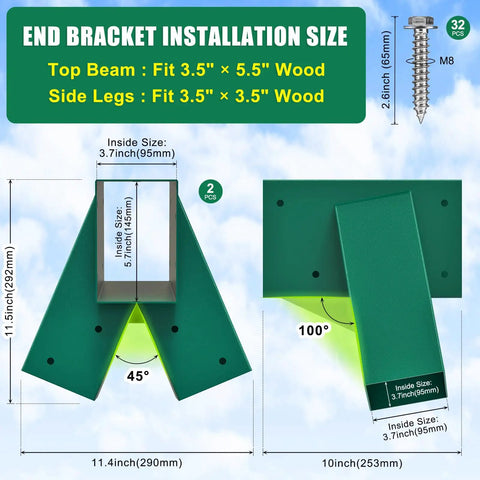 A Frame Swing Set Brackets Kit With Four Adjustable Base Brackets For Uneven Ground Heavy Duty Swingset Hardware For 4x4 Legs And 4x6 Beam DIY End Bracket System In Green