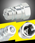 ANCIMOON 1/2 in ISO 5675 poppet hydraulic quick-connect coupler with dust caps, front/side/close-up views.