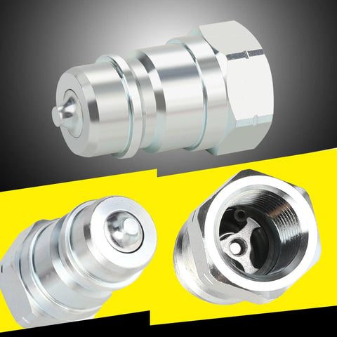 ANCIMOON 1/2 in ISO 5675 poppet hydraulic quick-connect coupler with dust caps, front/side/close-up views.