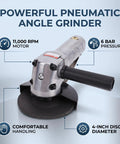 Kickass Pneumatic Air Angle Grinder Boasting 11000Rpm Muscle For Metal Cutting And Surface Polishing Heavy Duty Tool Built Tough For Material Removal And Grinding Jobs, showcasing the tool with a 4-inch disc.