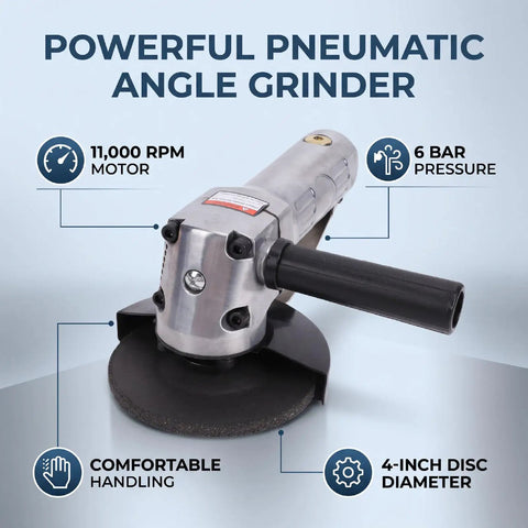 Kickass Pneumatic Air Angle Grinder Boasting 11000Rpm Muscle For Metal Cutting And Surface Polishing Heavy Duty Tool Built Tough For Material Removal And Grinding Jobs, showcasing the tool with a 4-inch disc.