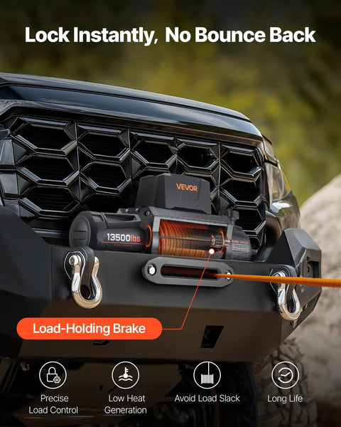 Heavy Duty 13500 Lbs Electric Winch For Off Road Recovery 12V DC Vehicle Winch With 3/8 In X 92 Ft Synthetic Rope wireless and wired remote, front view on Jeep grille