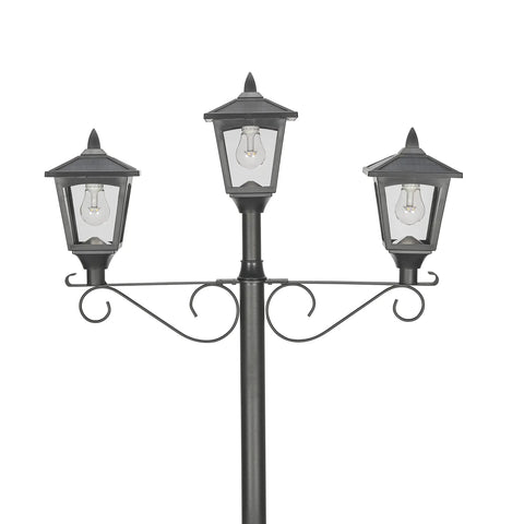 Triple Head Solar Lamp Post Set With Round Planter, Weather Resistant Outdoor Lighting In Black Finish, 100 Percent Solar Powered LED Pathway Lights For Garden And Yard, No Fuss Install