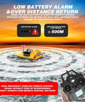 Glow In The Dark RC Bait Boat With GPS Autopilot illustrating battery alarm and remote control over distance return feature