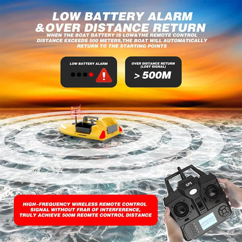 Glow In The Dark RC Bait Boat With GPS Autopilot illustrating battery alarm and remote control over distance return feature