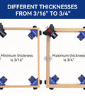 90 Degree Corner Clamps For Woodworking, Set Of 4 Adjustable Spring Loaded One Hand Clamps For Framing, Cabinets, And Projects, Durable ABS Construction For Tight Corners And Joints, illustrating clamp thickness range from 3/16 to 3/4 inches.