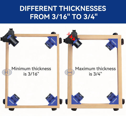 90 Degree Corner Clamps For Woodworking, Set Of 4 Adjustable Spring Loaded One Hand Clamps For Framing, Cabinets, And Projects, Durable ABS Construction For Tight Corners And Joints, illustrating clamp thickness range from 3/16 to 3/4 inches.