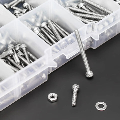 Kickass 304 Stainless Steel Hex Socket Head Cap Bolt Kit With Matching Flat Washers And Hex Nuts Total 420 Piece Assortment in clear storage.