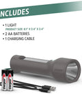 Hybrid Powered LED Flashlight With Solar And AA Battery Options, Rechargeable Lithium Ion Battery, USB Charge shown with accessories
