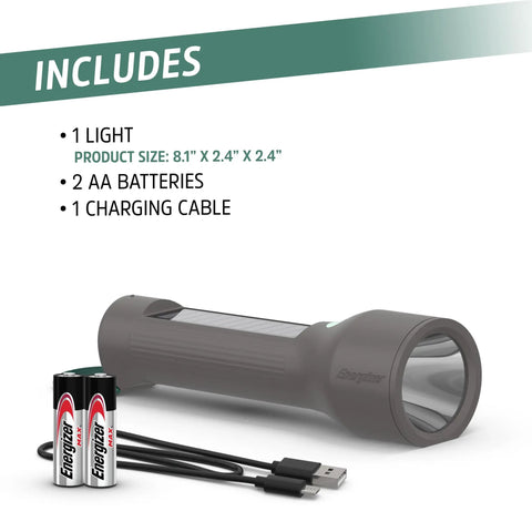 Hybrid Powered LED Flashlight With Solar And AA Battery Options, Rechargeable Lithium Ion Battery, USB Charge shown with accessories