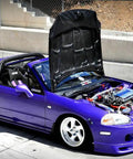 Purple car with hood open showing engine, suitable for Universal Quick Release Fastener Kit With Neo Chrome Finish