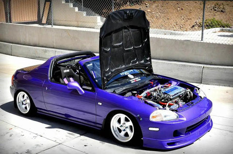 Purple car with hood open showing engine, suitable for Universal Quick Release Fastener Kit With Neo Chrome Finish