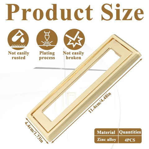 Four Pack 4.4 Inch Gold Flush Ring Pull Handles With Screws Square Hidden Recessed Pull For Cabinets Dressers Closets Drawers
