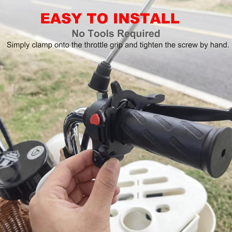 Solid Motorcycle Throttle Cruise Control Lock With Adjustable Abs Mount For 1 2 To 1 5 Inch Tubes installed on motorcycle grip.