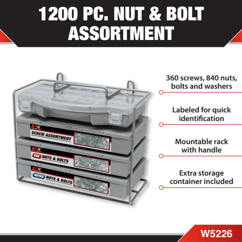 Beefy 1,200-Piece Nut And Bolt Assortment Kit With Case, SAE And Metric Fasteners, Screws Nuts Bolts Washers, Clearly Labeled For Quick Identification, Heavy-Duty DIY Auto And Home Projects