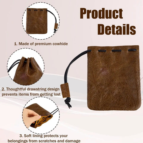 Hardy Cowhide Leather Drawstring Pouch With Vintage Retro Finish Designed For Hauling Your Daily Grind Essentials Travel Toiletries And Quick Pocket Stash, showcasing drawstring design and soft lining.