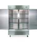 Heavy Duty Commercial Refrigerator With Adjustable Wire Shelves And Digital Led Display 48 Cubic Feet showcasing open double doors and internal shelving.