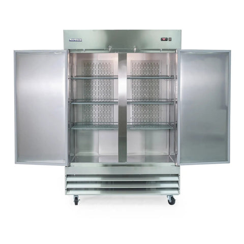 Heavy Duty Commercial Refrigerator With Adjustable Wire Shelves And Digital Led Display 48 Cubic Feet showcasing open double doors and internal shelving.