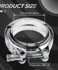 Product size display of 3.0 Inch Universal Stainless Steel V Band Clamp Flat Flange Kit with dimensions and thread info.