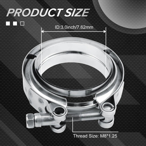 Product size display of 3.0 Inch Universal Stainless Steel V Band Clamp Flat Flange Kit with dimensions and thread info.