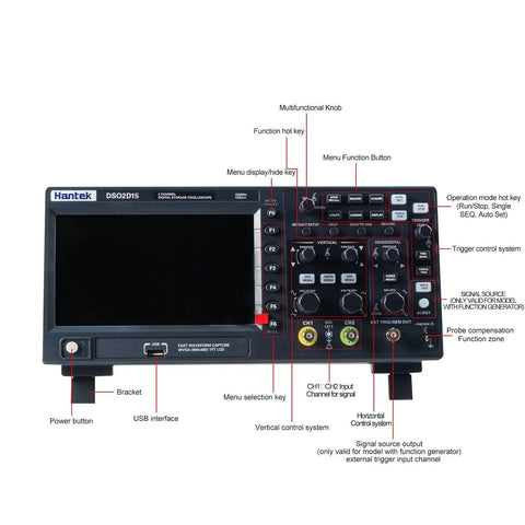 Front view of DSO2D15 Digital Storage Oscilloscope with 150MHz Bandwidth, showing control panel and display screen.