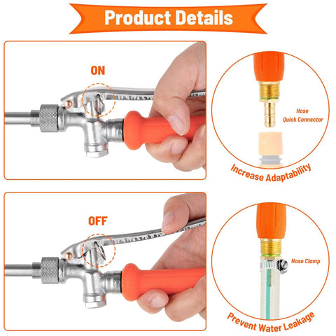 Hand holding adjustable handle of Two Pack 29 Inch Spray Wand Kit With Brass Barb Fittings 1/4 Inch And 3/8 Inch, showing ON and OFF positions.
