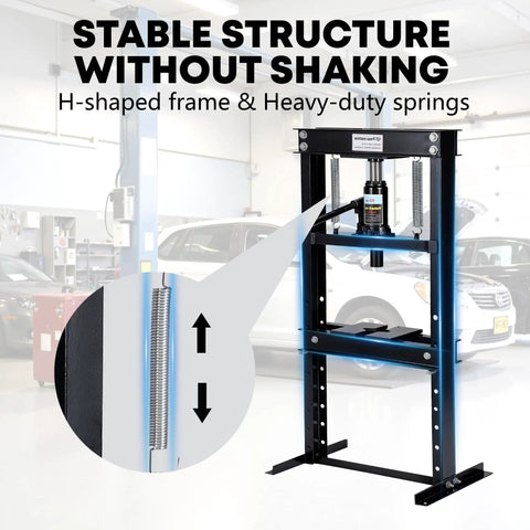 Badass 12 Ton Hydraulic Shop Press Heavy Duty H Frame Floor Press With Knuckle Cracking Power And 5 Hole Adjustable Setup showing stable H-shaped frame and heavy-duty springs.