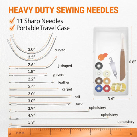 Heavy Duty Sewing Needles Set With Waxed Thread Spools, 11 Tough Needles And 7 Color Waxed Threads displayed with ruler