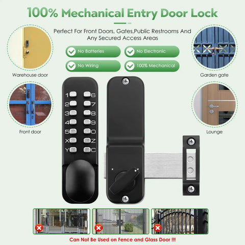 Old-School Mechanical Keyless Keypad Door Knob Lock With Bolt, Matte Black Finish, Suitable for Gates and Doors