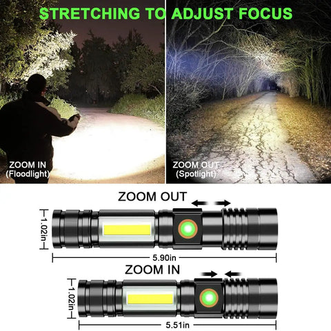 Rechargeable Tactical Flashlight With Magnetic Base And COB Work Light Ultra Bright LED Beam Zoomable Spotlight focus chart