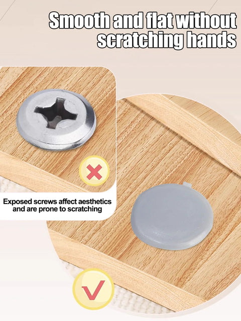 200 Pack Plastic Hinged Screw Cover Caps White For M3 M4 M5 5mm Screw Heads on Wooden Surface Highlighting Installation