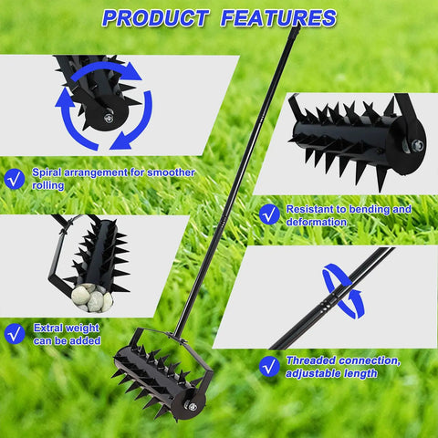 Product features of Seventeen Inch Rolling Lawn Aerator With Two Inch Steel Spikes Heavy Duty Manual Soil Aerator Tool